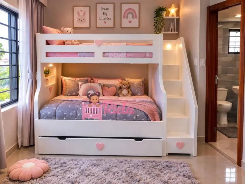 Sturdy bunk bed with stairs and trundle