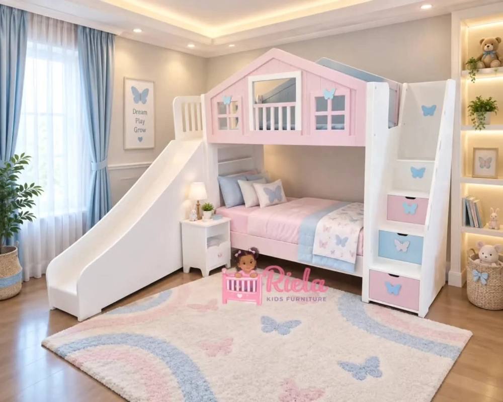 Dream House Bunk with Slide — headboards shaped like a little house, with a slide, storage stairs and safety rails