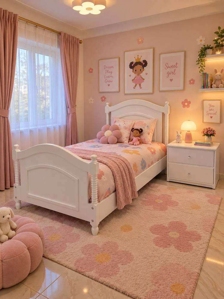 Pink bedroom with white bed