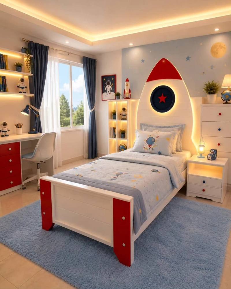 Space-themed room with a rocket bed