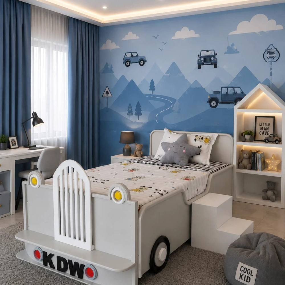 Car bed in a blue mountain-road room