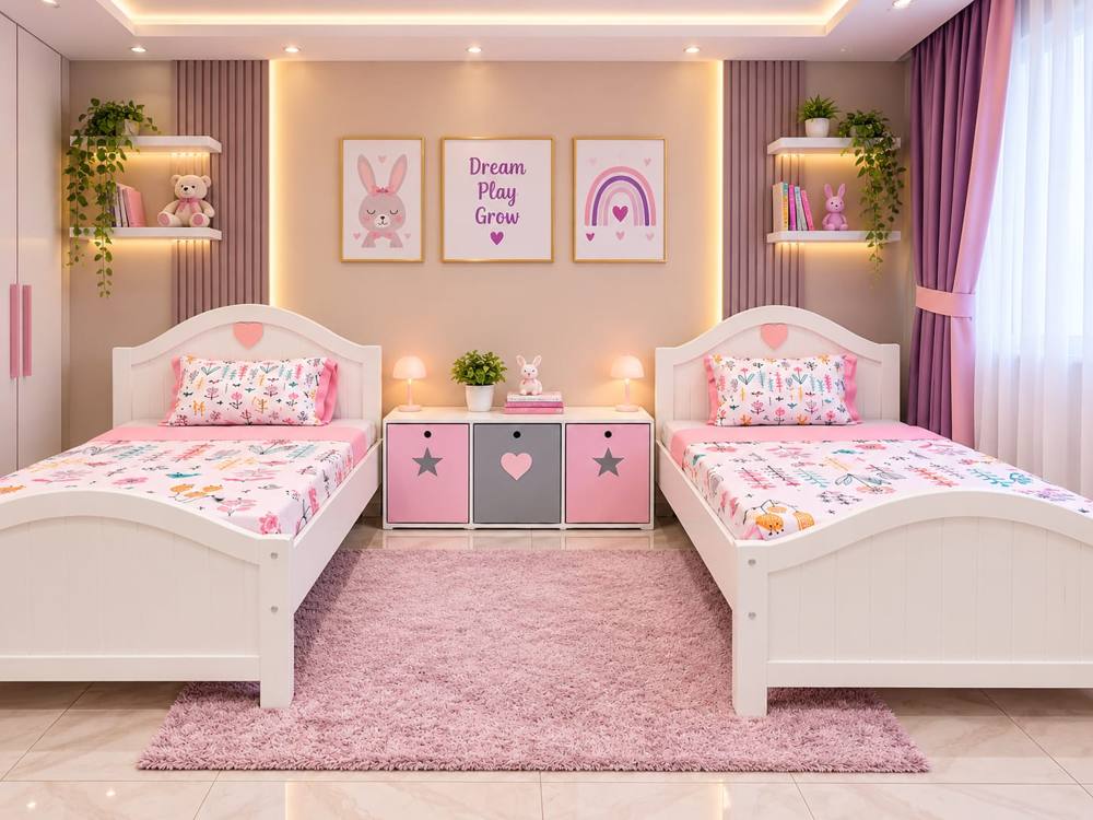 Pink and white twin room with heart headboards